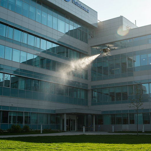 Drone window washing on a commercial medical building exterior