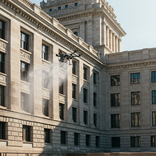 Drone-applied soft wash on a government building facade