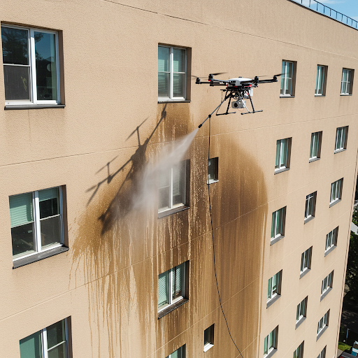 Drone soft wash on an elevated concrete parking-garage wall
