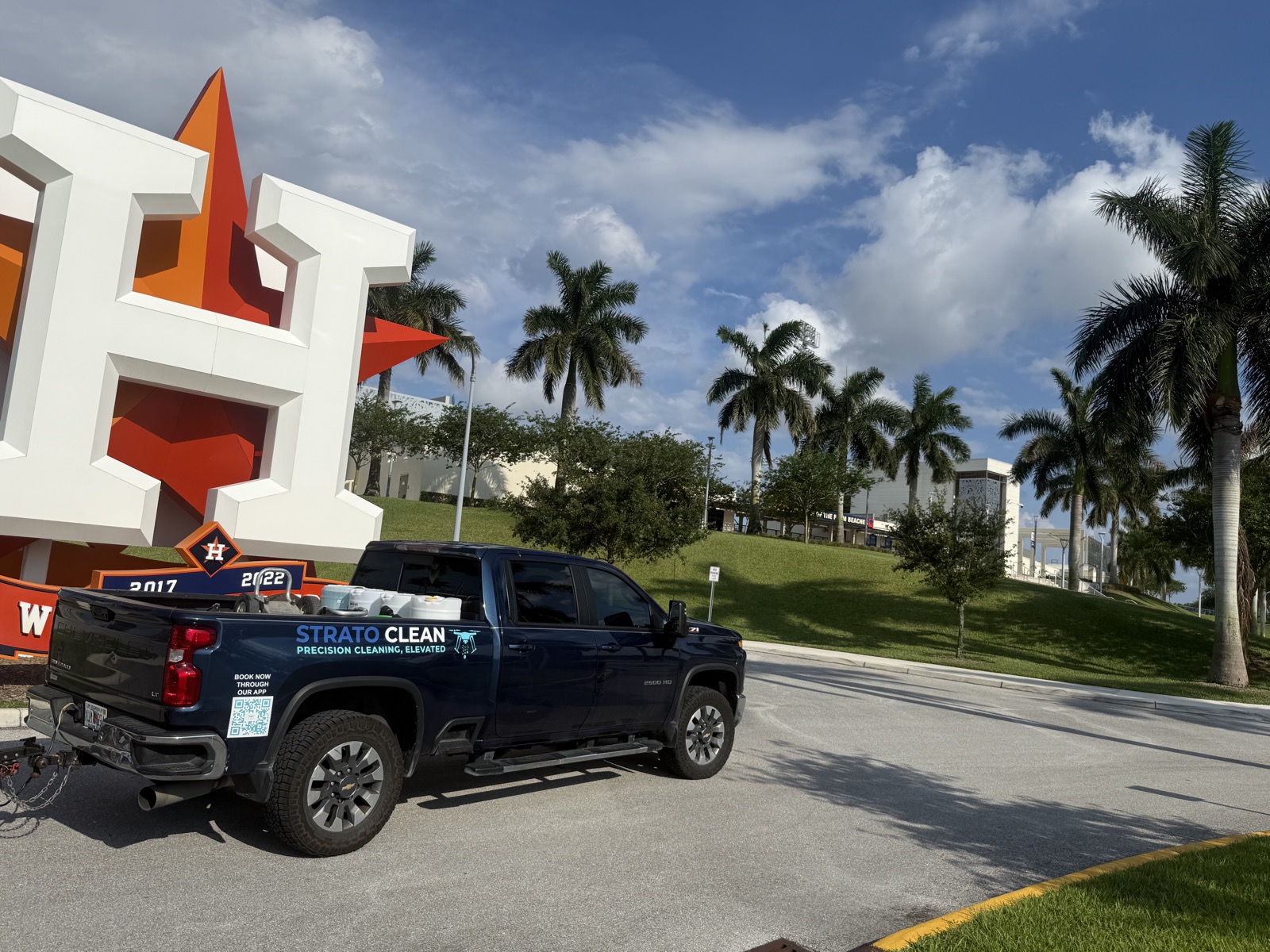StratoClean truck on-site at CACTI Park of the Palm Beaches — Houston Astros spring-training stadium