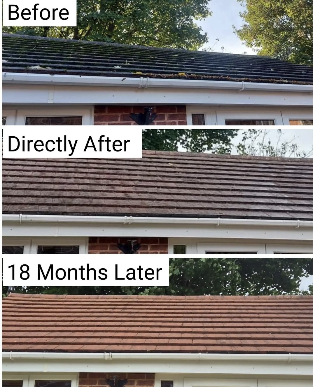 StratoShield two-year warrantied roof — same roof shown before, directly after, and 18 months later still clean