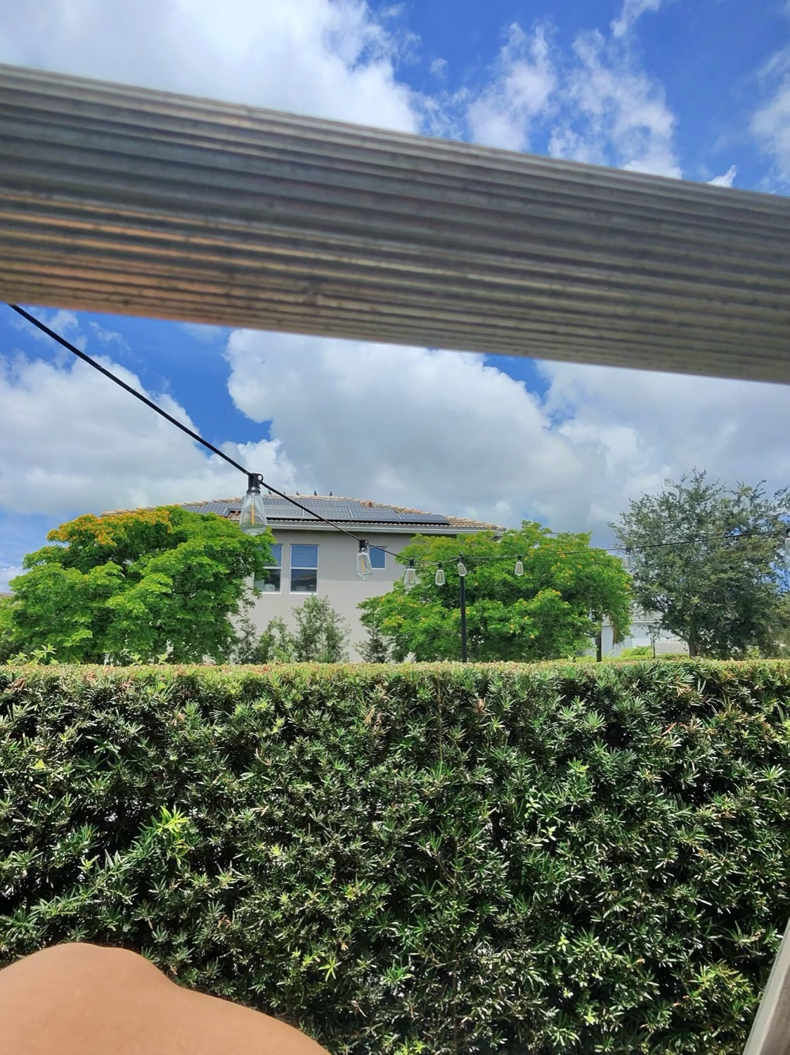 Multiple birds visible perched along the top of a residential solar array on a tile-roof Florida home — the upstream problem StratoClean bird-proofing solves