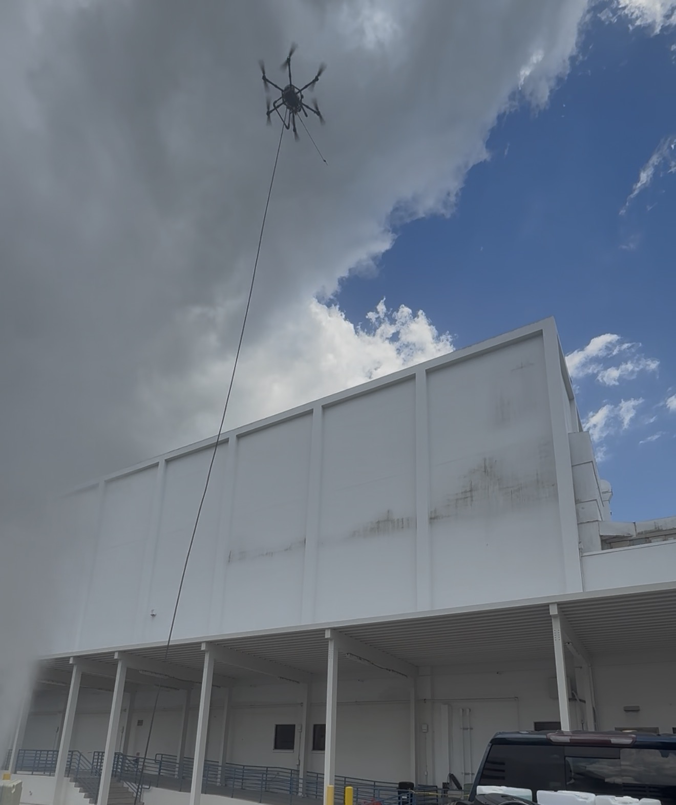 StratoClean drone facade cleaning at Sarasota Memorial Hospital, Gulf Coast Florida