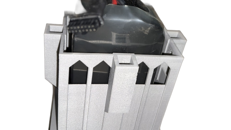 Drone battery cooler with cooling fan, angled view